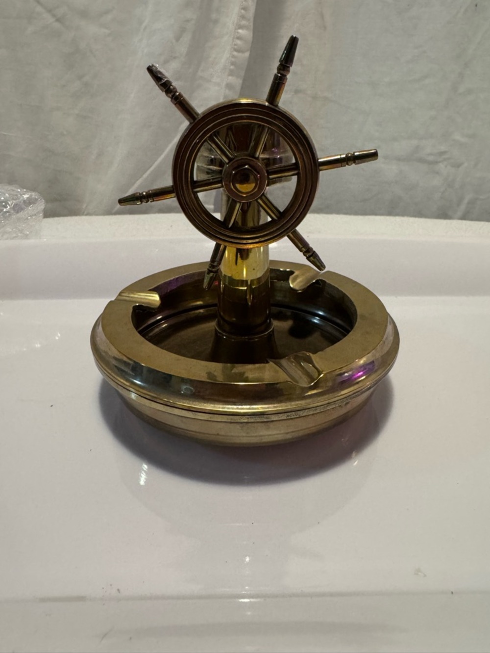 Vintage Brass Ship Wheel Ashtray - Gold Tone Nautical Accent